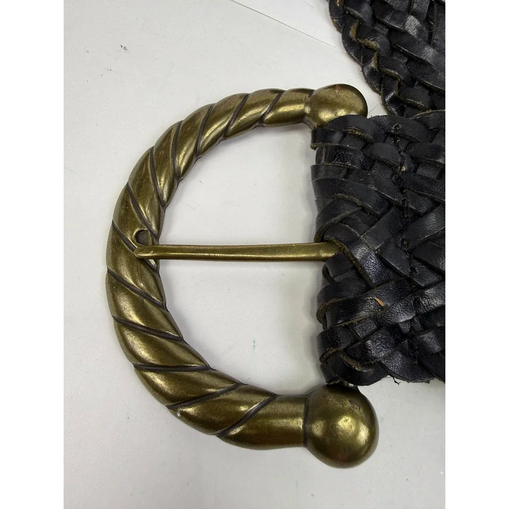 Club Monaco Dark Black Braided Leather Belt Wide Brass Rope Buckle VTG